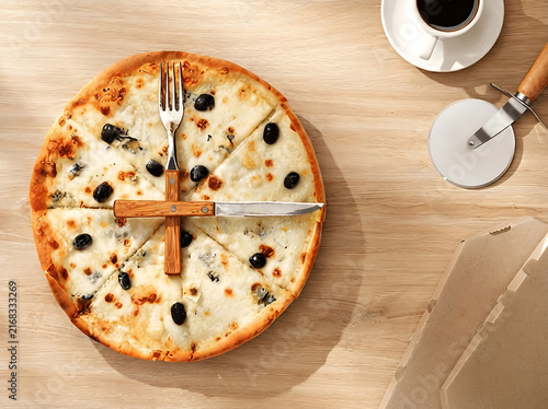 Whole pizza with olives and cheese served with cutlery on a wooden table top view