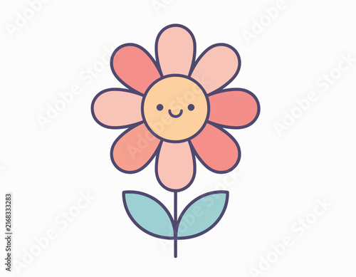 Cute cartoon character with pink flower petals and green stem.