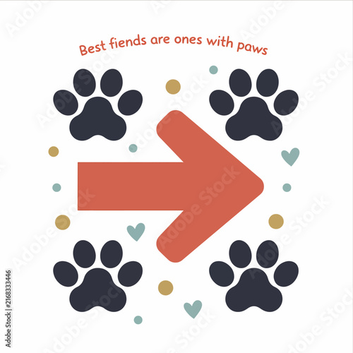 Cute cartoon dog sitting on a red gift box with paw prints.