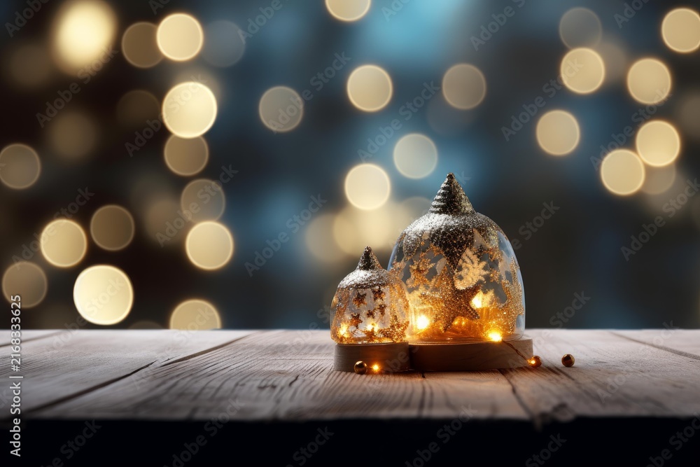 Fototapeta premium Decorative christmas lanterns on a wooden surface with a shimmering bokeh background, creating a cozy holiday atmosphere