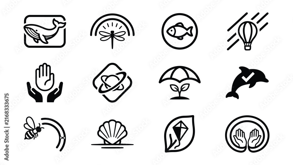 Fototapeta premium Set of twelve simple line icons depicting various nature and activity symbols