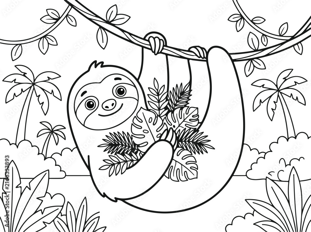Naklejka premium Cute cartoon sloth hanging on a tree branch holding tropical leaves, coloring page for kids
