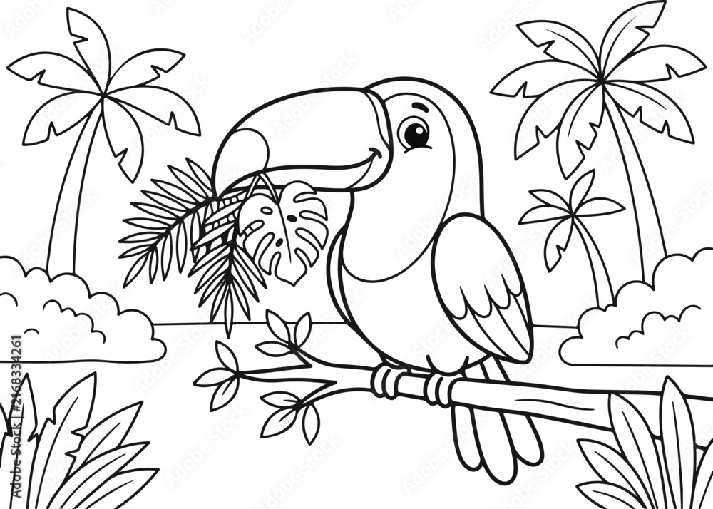 Naklejka premium Coloring page with a cute toucan holding a tropical leaf in the jungle
