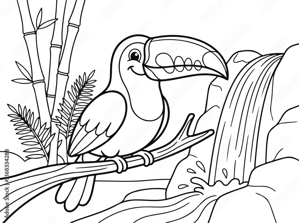 Naklejka premium Coloring page with a cute toucan sitting on a branch by a waterfall