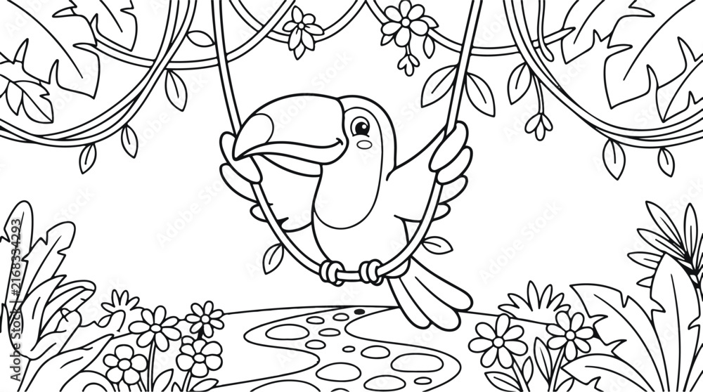 Naklejka premium Cute cartoon toucan bird sitting on a swing in the jungle, coloring page for kids