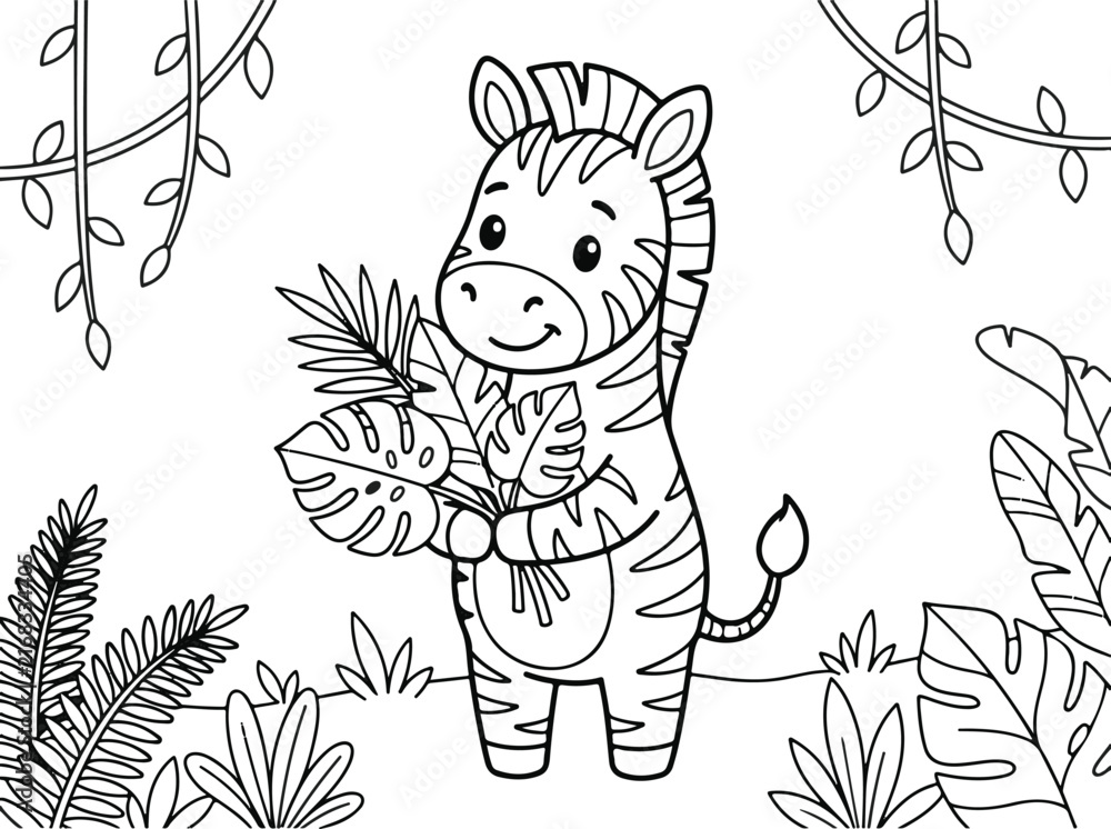 Naklejka premium Cute cartoon zebra standing and holding a bouquet of tropical leaves