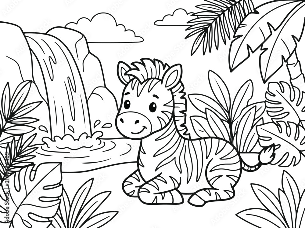 Naklejka premium Cute baby zebra sitting near a jungle waterfall, coloring page for children