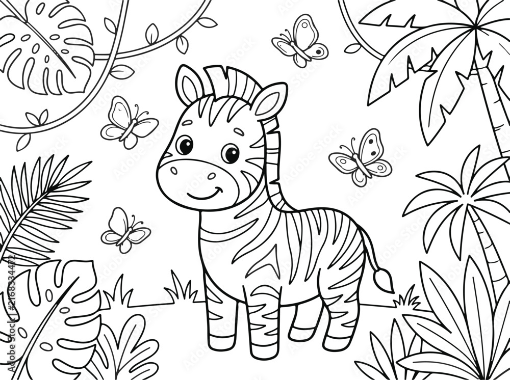 Naklejka premium Cute cartoon zebra standing in the jungle with butterflies and tropical plants, coloring page for kids