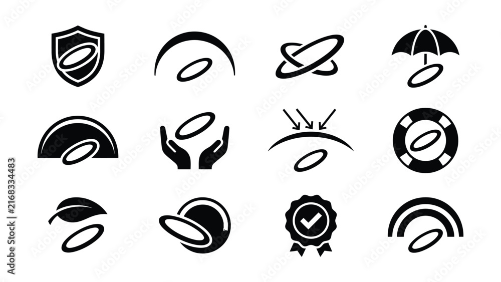 Fototapeta premium Collection of various abstract icons featuring shields and symbols with transparent backgrounds