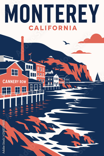Monterey California Travel Poster - Cannery Row Coastal Illustration