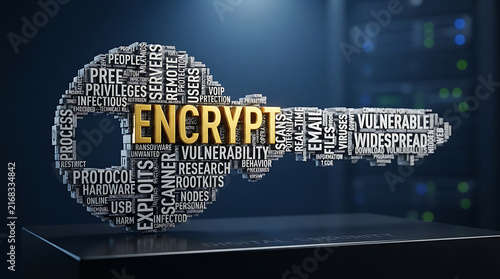 Cyber security key concept with word cloud of encryption and data protection technology.