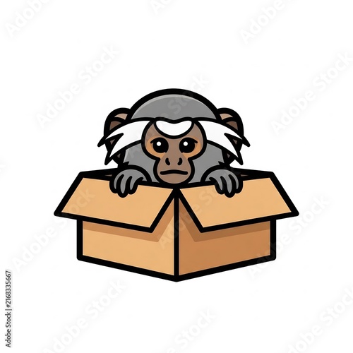 Marmoset monkey peeking from a cardboard box illustration