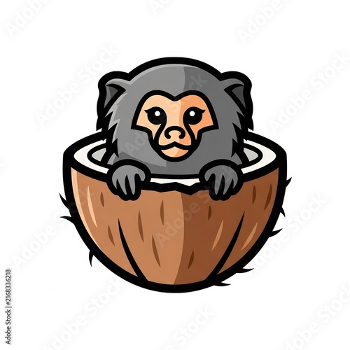 Cute marmoset mascot sitting inside a coconut shell
