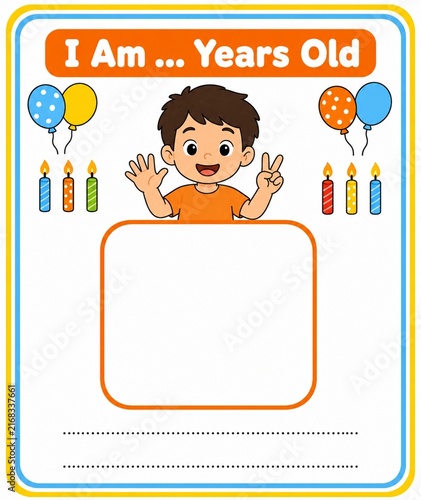 Birthday Celebration Poster for a Child: A cheerful cartoon boy with a peace sign and waving hand celebrates his birthday, surrounded by colorful balloons and lit candles.