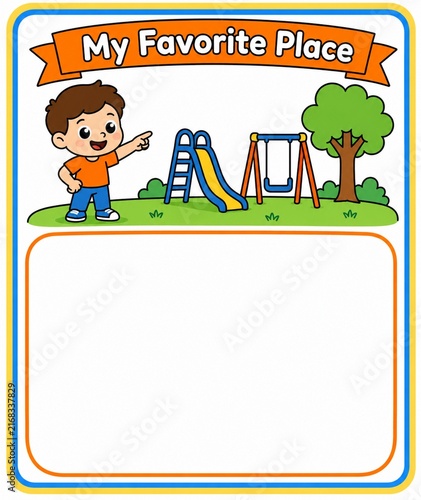 My Favorite Place: A cheerful boy points to a vibrant playground scene with a slide and swing set, inviting children to share their cherished spots.