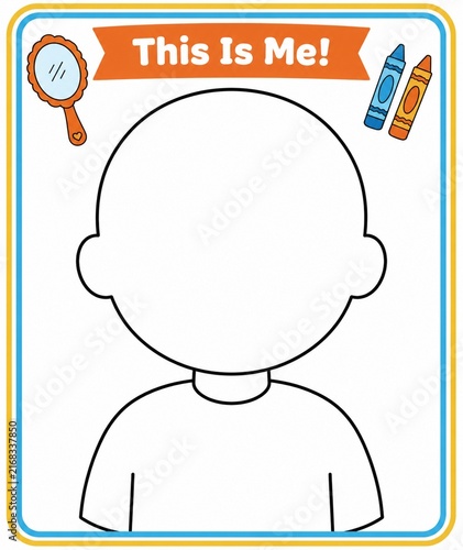 This Is Me! Activity Sheet: A blank template featuring a silhouette of a child, a mirror, and crayons, inviting self-expression and creativity.