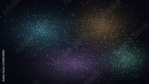 Colorful data point clusters on dark background with faint connecting lines