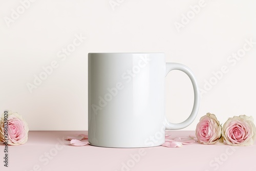 White ceramic mug with pink roses and petals on a pale pink surface