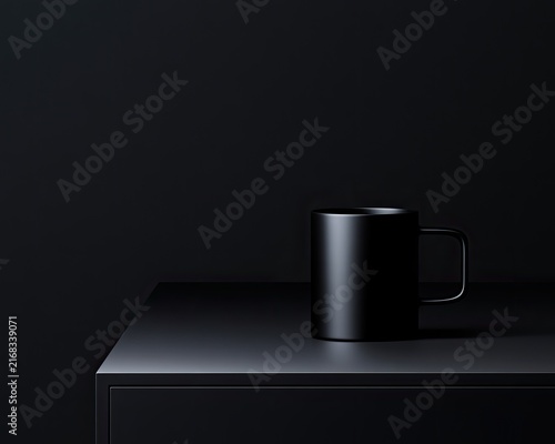 A sleek, black mug rests on a dark, flat surface against a black backdrop