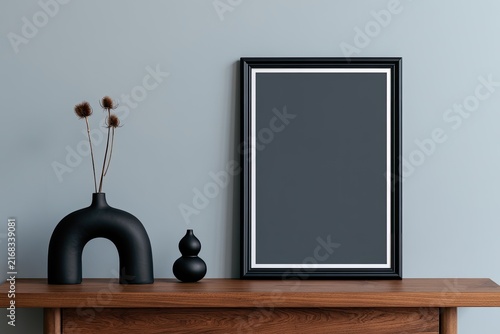 Minimalist still life black vase with dried branches, small sphere, framed print