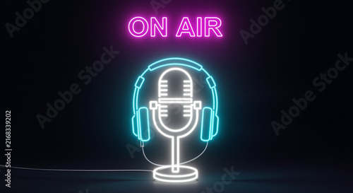 Neon 'ON AIR' sign with a glowing microphone and headphones on a dark background, symbolizing live broadcast or podcasting.
