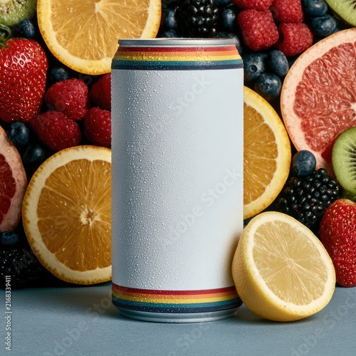 White can with rainbow ring surrounded by fresh, colorful fruits