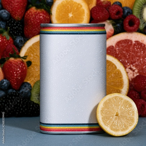 Silver can with rainbow stripes sits before a vibrant fruit medley