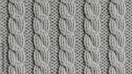 Close-up of light gray knitted fabric featuring prominent, vertical cable knit patterns