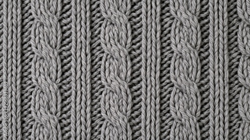 Detailed close-up of a grey knitted fabric with a prominent cable knit pattern