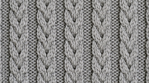 Close-up of gray knitted fabric with vertical cable knit pattern