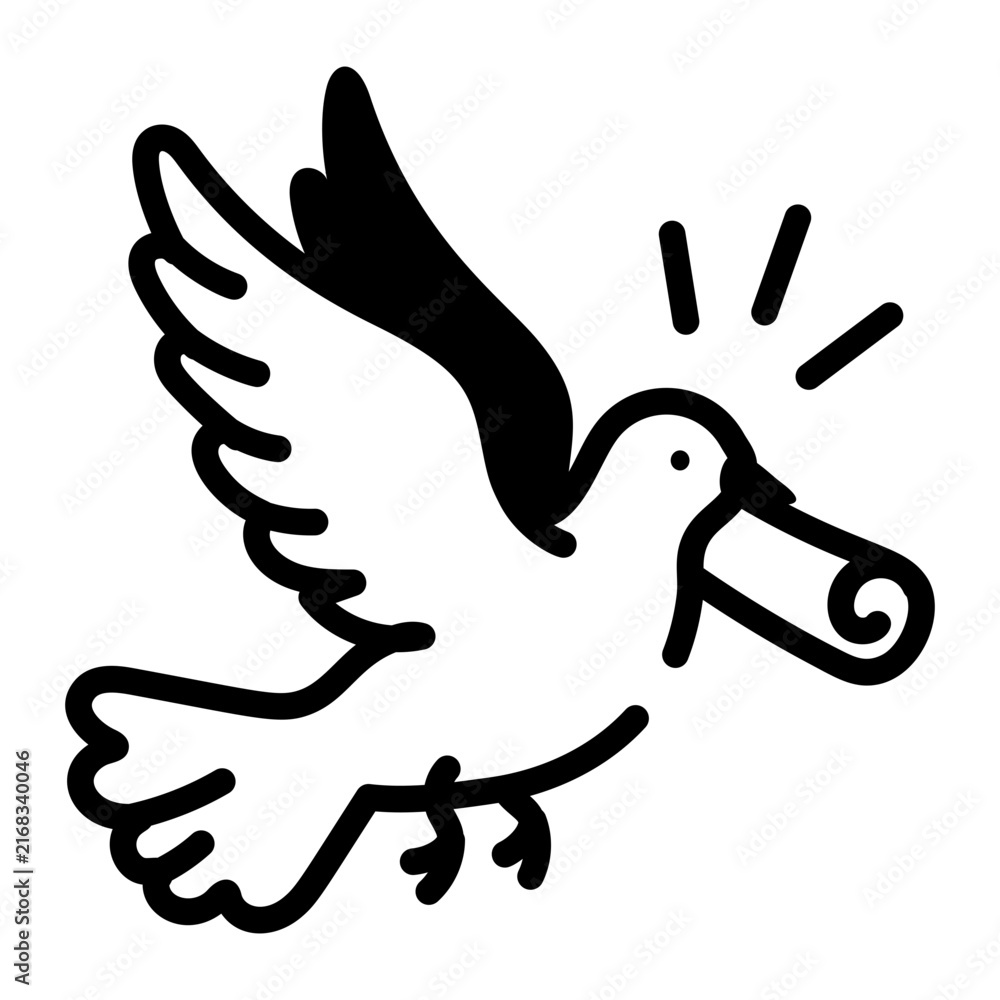 Obraz premium Hand-drawn doodle icon of a flying messenger bird carrying a small rolled message in its beak, with spread wings and bold accent marks.