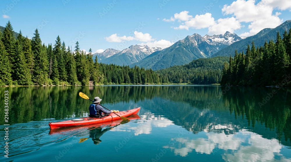 Fototapeta premium A kayaker paddles a red canoe across a calm mountain lake surrounded by pine forests and snowy peaks on a sunny day