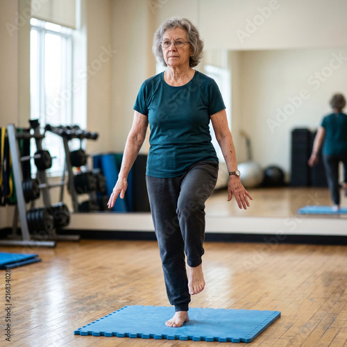 World Stroke Day. Senior woman practicing balance exercises in a fitness studio