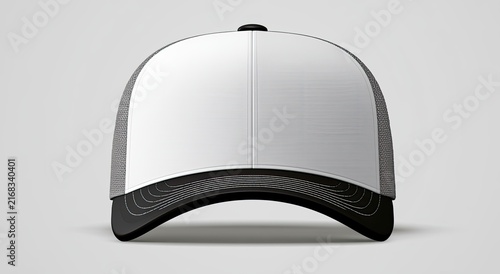 Blank white and gray trucker hat with dark brim, front view, neutral background
