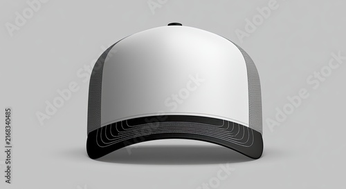 Blank trucker hat, white front panel, mesh sides, curved brim