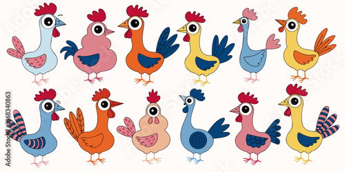 A set of twelve colorful cartoon chickens, each with big round eyes and unique color combinations of blue, pink, orange, and yellow, arranged in two neat rows.