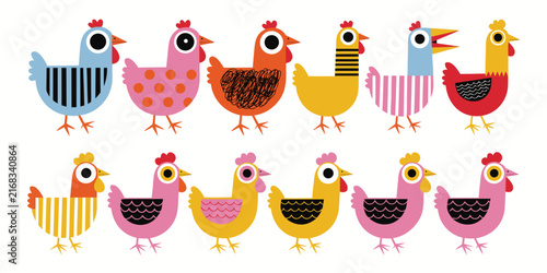 A flat vector illustration features 12 colorful cartoon chickens arranged in two horizontal rows against a solid white background. Designed in a geometric, playful style, each chicken combines vibrant