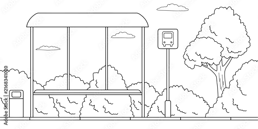 Obraz premium Bus stop graphic black white sketch illustration vector 