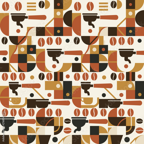 Geometric retro coffee pattern with portafilters and roasted beans.