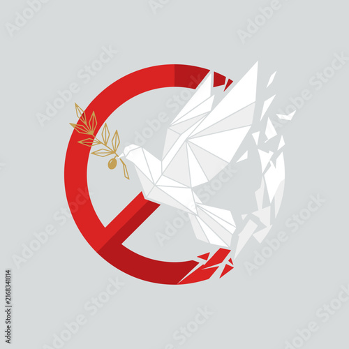 Geometric white dove breaking through red stop symbol.