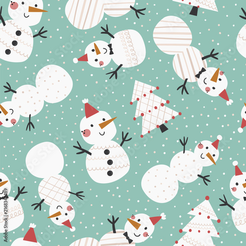 Seamless winter holiday pattern featuring cute, smiling snowmen wearing red party hats and bow ties.