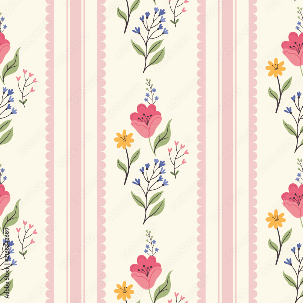 Fototapeta premium Seamless vector pattern featuring charming hand-drawn wildflowers and vertical stripes on a cream background.