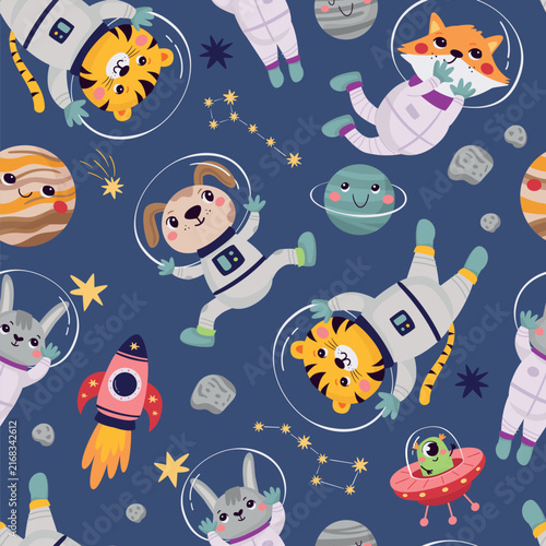Seamless vector pattern featuring cute cartoon animals in space on a dark navy blue background.