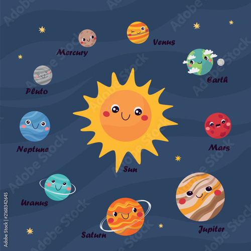 Cute educational vector illustration of the solar system featuring kawaii-style planets and the Sun.