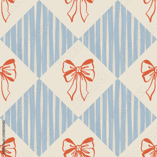Seamless geometric vector pattern featuring hand-drawn, sketch-style terracotta bows placed inside diamond-shaped frames.