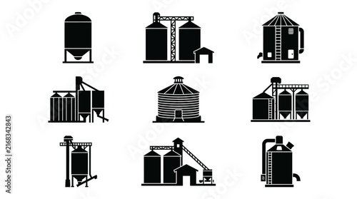 Agricultural grain silo and farm storage icons.