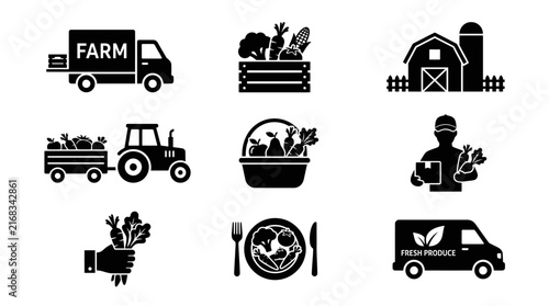 Agricultural logistics and fresh produce delivery icon set.