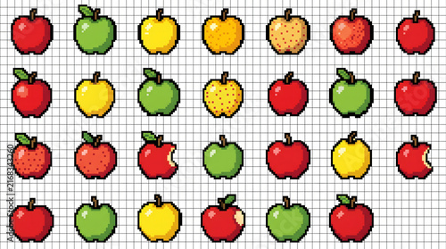 Collection of colorful pixel art apple icons in various states and fruit varieties