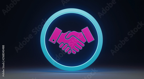 A glowing pink handshake icon within a neon blue circle, symbolizing agreement, partnership, and trust on a dark background.