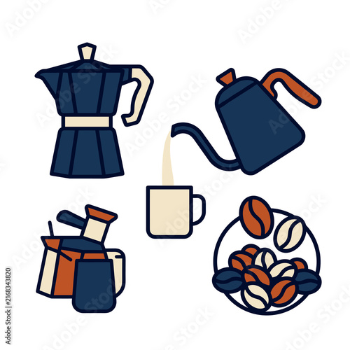 Flat vector icons of coffee brewing equipment and beans.